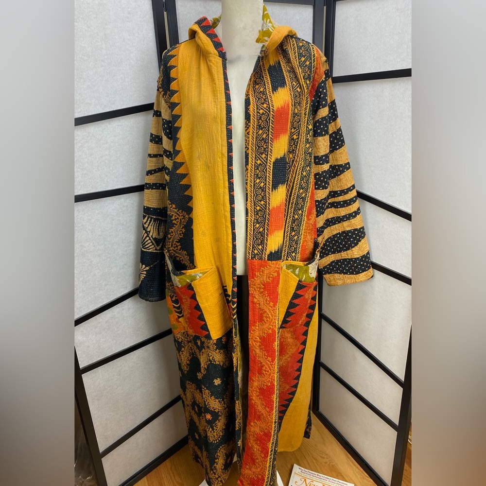 Bohemian Hooded Long Patchwork Coat in Mustard & Black